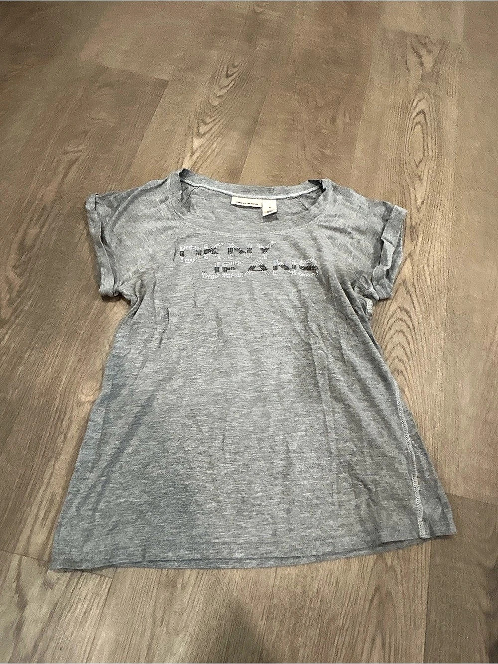 DKNY Grey Rhinestone Logo T-Shirt Medium Y2K